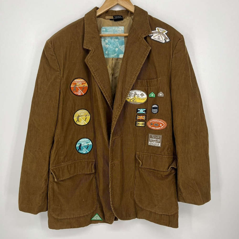 LRG Roots People Brown Corduroy Multi Patch Blazer Jacket Mens Medium Vtg 90s